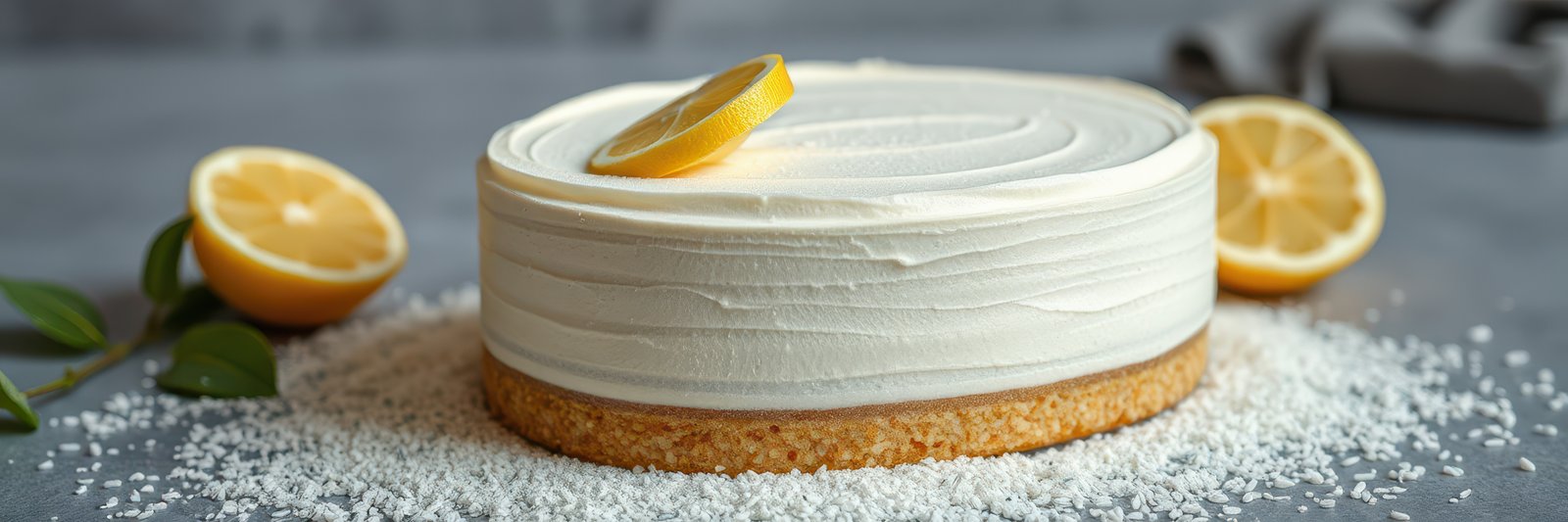 Delicious lemon cream cake adorned with fresh lemon slices and coconut flake decoration on a rustic surface